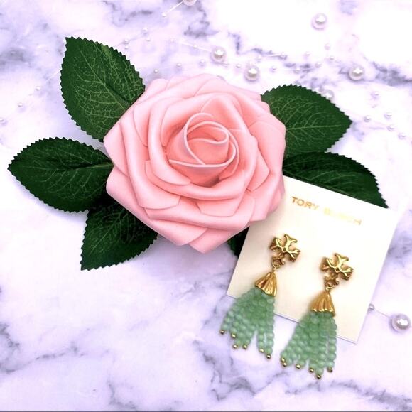 NWOT Tory Burch Gold Roxanne,Mint Green Beaded Dangle Stud Earings - Picture 4 of 7
